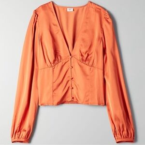 Pristine Aritzia Sunday Best Tatiana Smocked Blouse in Orange Satin Sz 6